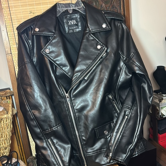 Zara Other - Zara Large Black Motorcycle Jacket Faux Leather Zippers Made in Myanmar VGUC